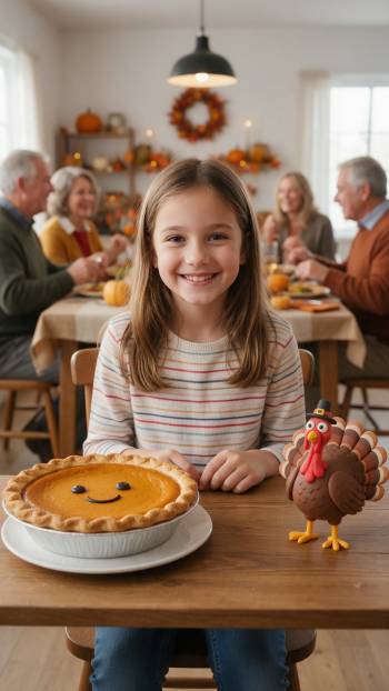 Cute Thanksgiving iPhone wallpaper of a smiling girl beside a pumpkin pie and playful turkey decoration.
