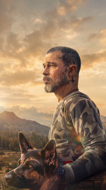 Heart of the Beast phone wallpaper featuring Brad Pitt with a German shepherd against a golden mountain sunset.