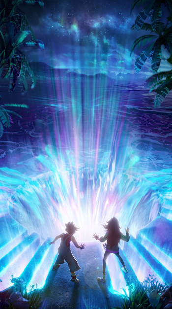 DreamWorks Animation’s Forgotten Island iPhone wallpaper shows two adventurers facing a glowing magical portal beneath a starry sky.