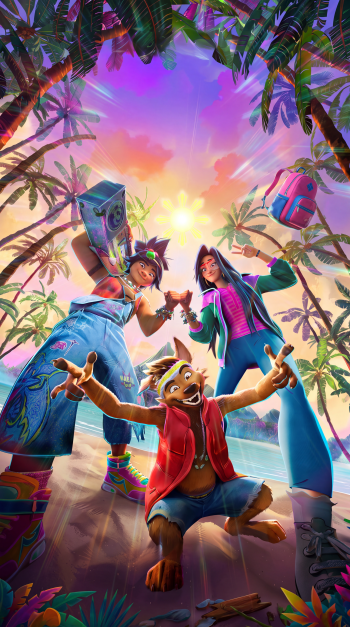 Forgotten Island DreamWorks Animation iPhone wallpaper featuring animated friends dancing at a tropical beach party beneath palm trees at sunset.