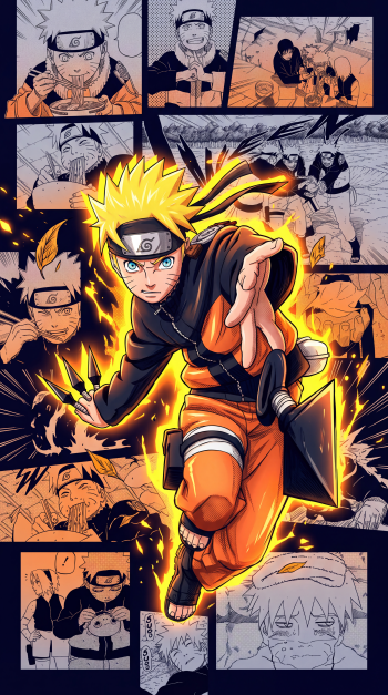 Naruto Uzumaki lunges forward amid fiery manga panels in this dramatic anime iPhone wallpaper.