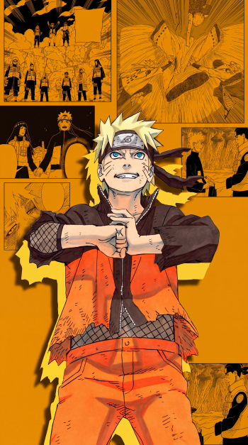 Naruto Uzumaki forming a hand sign against an orange manga panel background, anime iPhone wallpaper.