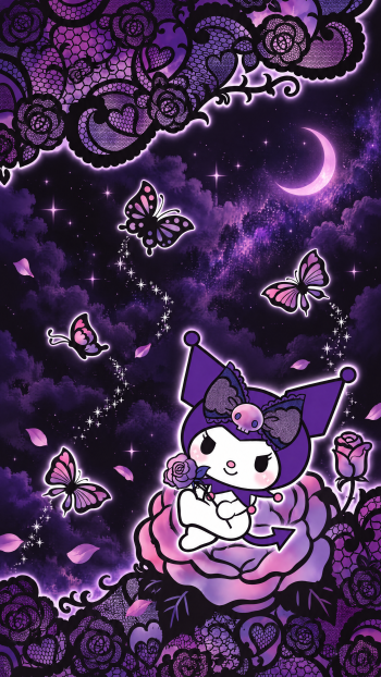 Kuromi Sanrio cartoon iPhone wallpaper with purple roses, butterflies, lace, and a glowing crescent moon against a starry galaxy.