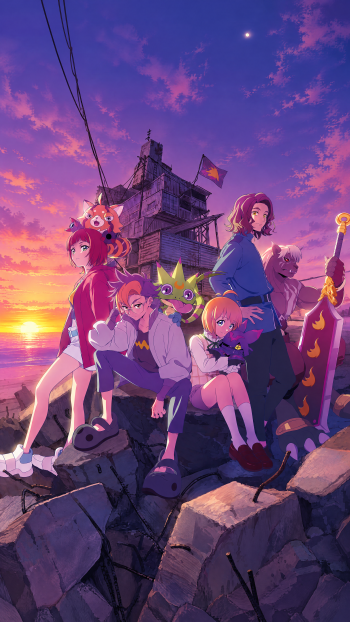 Digimon Beatbreak iPhone wallpaper featuring Gekkomon and anime girls on a rocky shore beneath a vivid purple sunset.