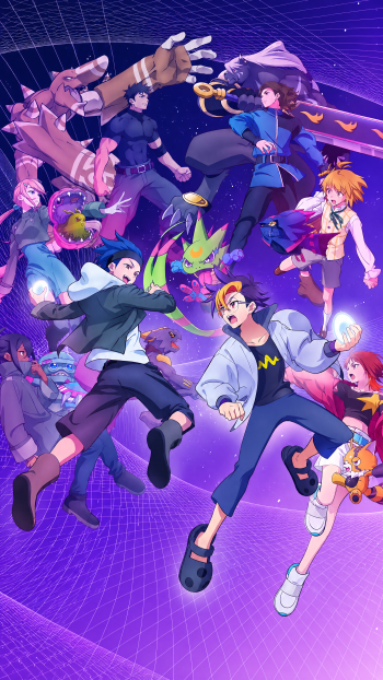 Vibrant Digimon Beatbreak anime wallpaper featuring characters and creatures soaring through a purple digital world, designed for iPhone.