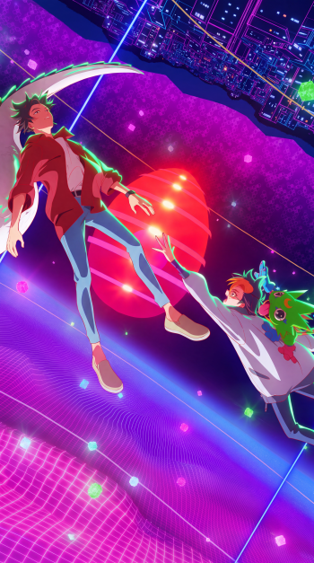 Digimon Beatbreak anime sci-fi phone wallpaper featuring Gekkomon and characters floating through a vibrant neon digital world.