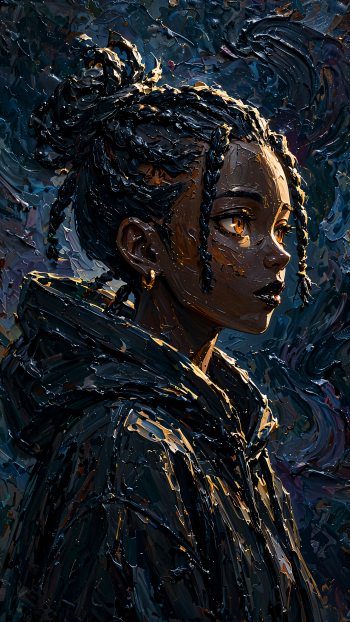 Black anime woman portrait with glowing amber eyes and painterly dark textures, designed as a vertical iPhone wallpaper.