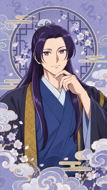 Jinshi from The Apothecary Diaries in a blue kimono, framed by purple blossoms and clouds in an elegant iPhone wallpaper.