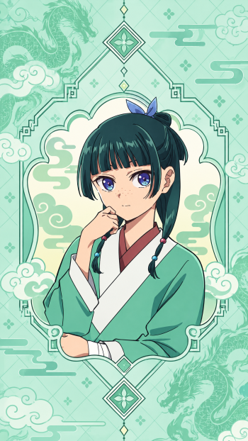 Maomao from The Apothecary Diaries anime in a mint green kimono, framed by ornate clouds and dragon motifs on a phone wallpaper.