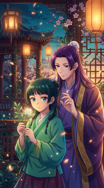 The Apothecary Diaries anime iPhone wallpaper featuring Maomao and Jinshi beneath glowing lanterns and cherry blossoms.