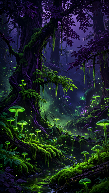 Glowing mushrooms and mossy trees in a mystical purple forest, magical forest iPhone wallpaper.