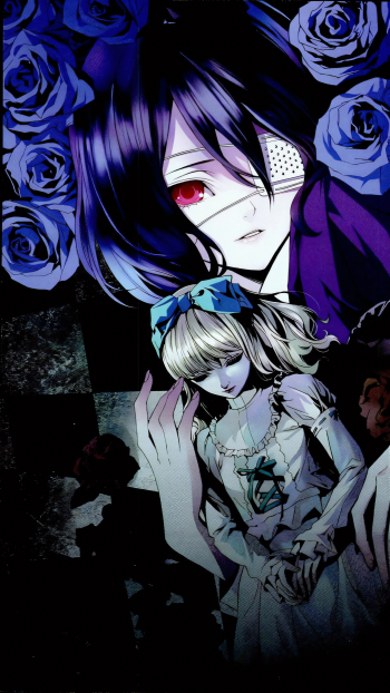 Dark Anime Another iPhone wallpaper featuring a bandaged girl with a red eye, a porcelain doll, and vivid blue roses.