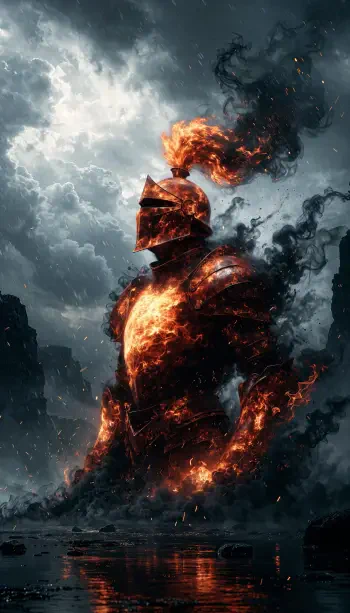 Fiery fantasy knight in scorched armor surrounded by flames and smoke, dramatic iPhone wallpaper.