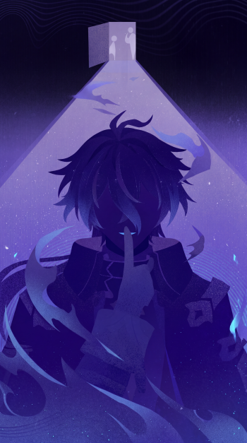 Flins from Genshin Impact in a moody anime silhouette, facing a glowing violet doorway in a vertical iPhone wallpaper.