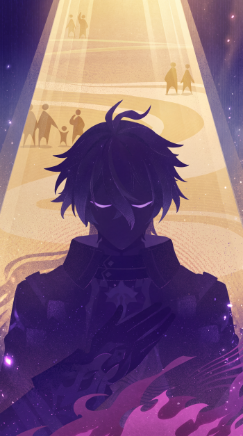 Flins from Genshin Impact in a dark anime silhouette beneath a golden spotlight, phone wallpaper