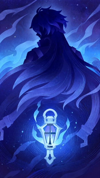 Blue anime silhouette of Flins from Genshin Impact holding a glowing lantern, featured on a cosmic iPhone wallpaper.