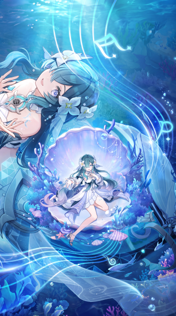 Genshin Impact anime girl underwater in a glowing blue sea, vertical iPhone wallpaper