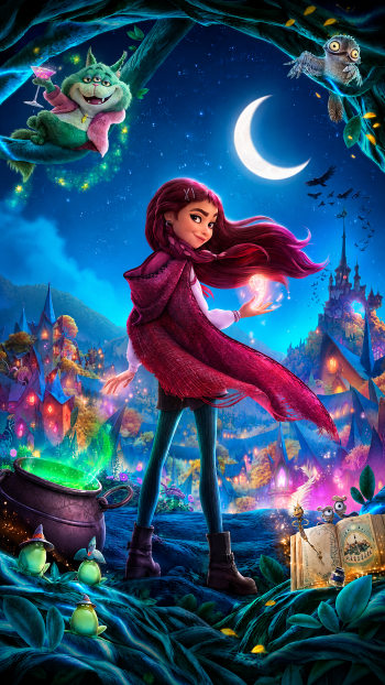 Disney’s Hexed (2026) iPhone wallpaper featuring a red-haired witch casting magic beneath a crescent moon in an enchanted city.