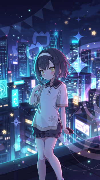 Stella Sora anime girl from the Little New Star Guild against a sparkling neon cityscape at night, vertical iPhone wallpaper.
