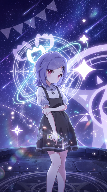 Stella Sora Little New Star Guild magical anime girl beneath glowing cosmic rings and stars, galaxy iPhone wallpaper.