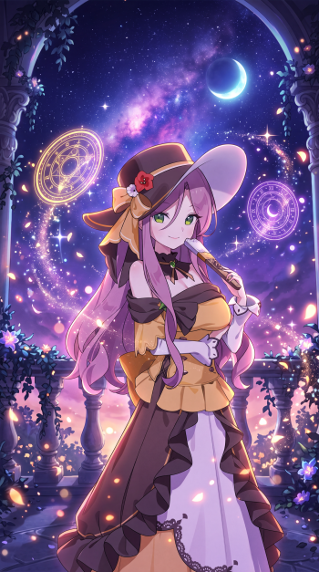 Stella Sora phone wallpaper featuring Vivian, a pink-haired anime witch beneath a glowing crescent moon and magical stars.