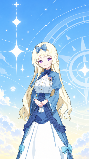 Stella Sora Vivian Caterine anime girl with long blonde hair in a blue dress, celestial sky iPhone wallpaper.
