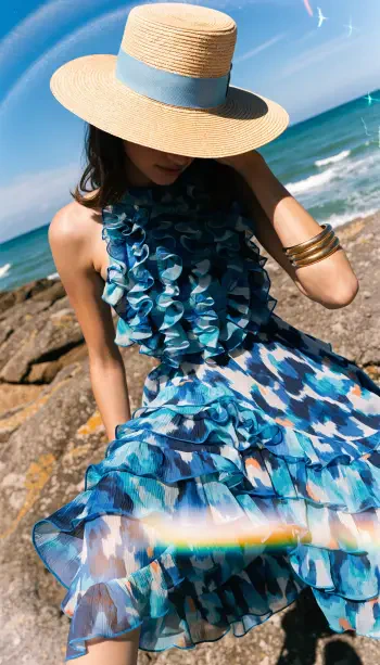 Woman in a flowing blue sundress and wide-brim sun hat by the beach, stylish iPhone wallpaper