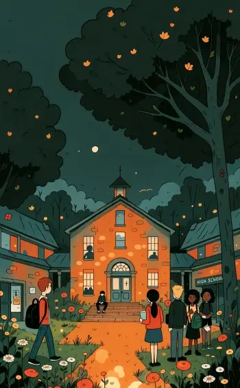 Illustrated high school students walking through an autumn campus beneath falling leaves, phone wallpaper.