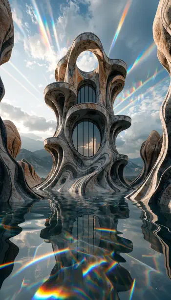 Futuristic sculptural architecture rising from reflective water beneath a radiant sky, vertical iPhone wallpaper