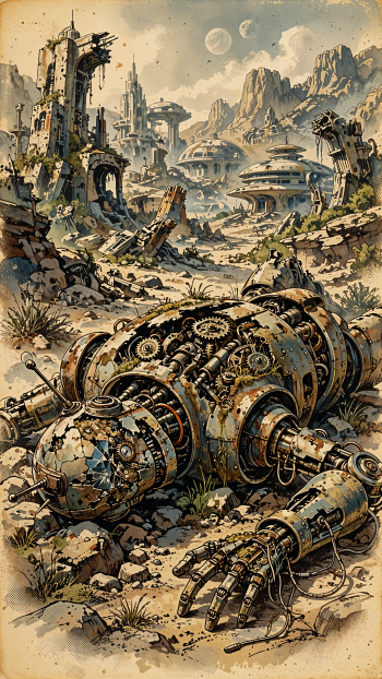 Science fiction iPhone wallpaper of a dismantled robot in a desert wasteland, surrounded by ruined futuristic towers and abandoned cities.