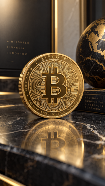 Gold Bitcoin cryptocurrency coin with a dramatic reflection on a marble surface, elegant iPhone wallpaper