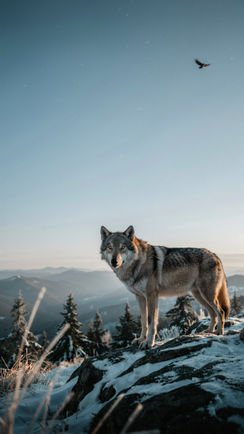 Wolf standing on a snowy mountain ridge beneath a clear sky, vertical iPhone wallpaper