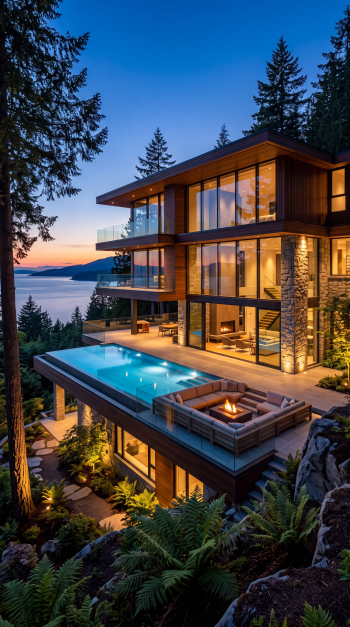 Modern architecture dream home with a glowing glass facade, infinity pool, and forest lake views at dusk—vertical iPhone wallpaper.