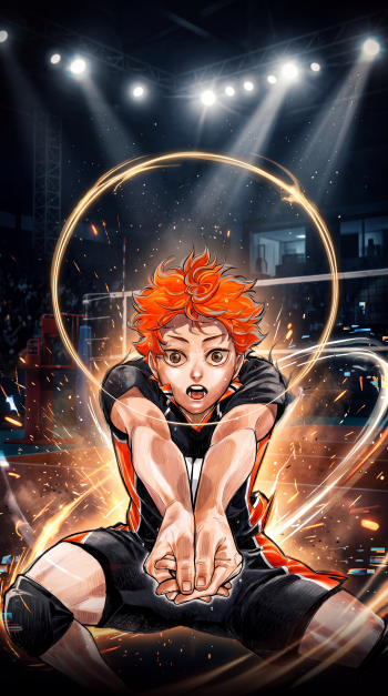 Shōyō Hinata dives for the volleyball under arena lights in this fiery Haikyū!! anime iPhone wallpaper.