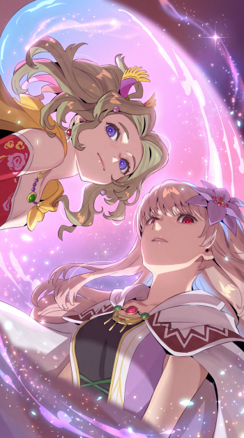 Terra Branford anime iPhone wallpaper with flowing hair, a second character, and a glowing pink cosmic backdrop.