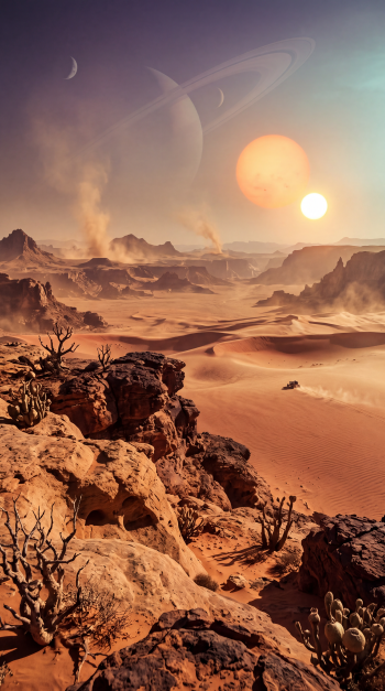 Science fiction iPhone wallpaper of a vast desert planet with red dunes, rocky cliffs, twin suns, and distant ringed worlds.