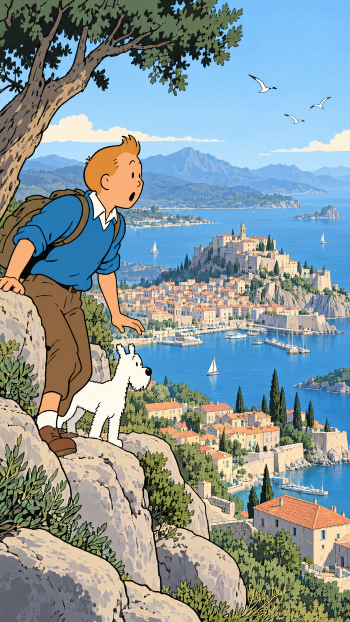 Surprised Tintin and Snowy overlook a coastal city and blue sea in this illustrated iPhone wallpaper.