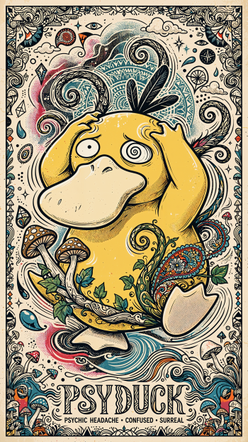 Psychedelic Psyduck Pokémon iPhone wallpaper with intricate swirling patterns, mushrooms, and ornate vintage artwork.