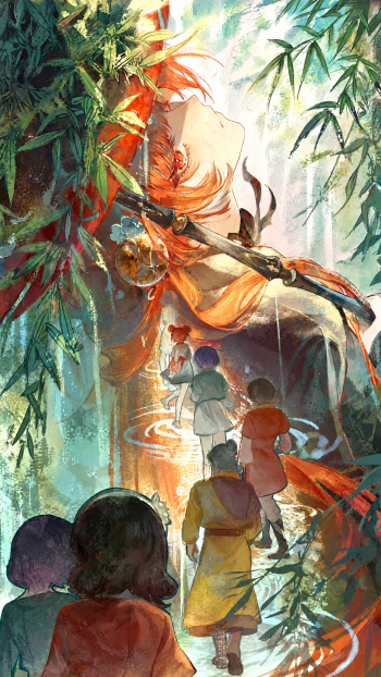 Wuthering Waves Suoming forest phone wallpaper, featuring travelers beneath a towering orange-haired figure amid lush bamboo.