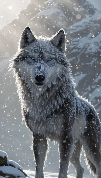 Snow-covered gray wolf standing in falling snow, a dramatic winter iPhone wallpaper.