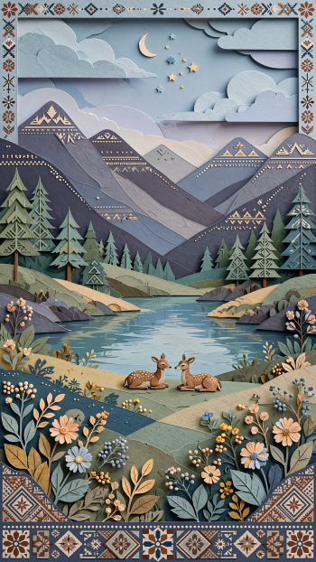 Calm iPhone wallpaper with two deer by a mountain lake, framed by forest, wildflowers, and a starry sky.
