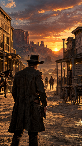 Cowboy faces a sunset over a dusty Wild West town, with wooden saloons and rugged canyon cliffs—a cinematic iPhone wallpaper.