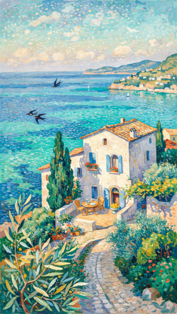 Colorful coastal landscape painting of a seaside vacation home overlooking turquoise water, formatted as an iPhone wallpaper.