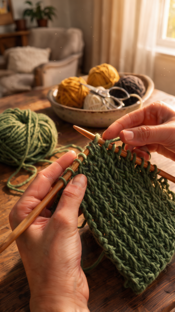 Cozy knitting phone wallpaper with hands working green yarn on wooden knitting needles beside a bowl of yarn.