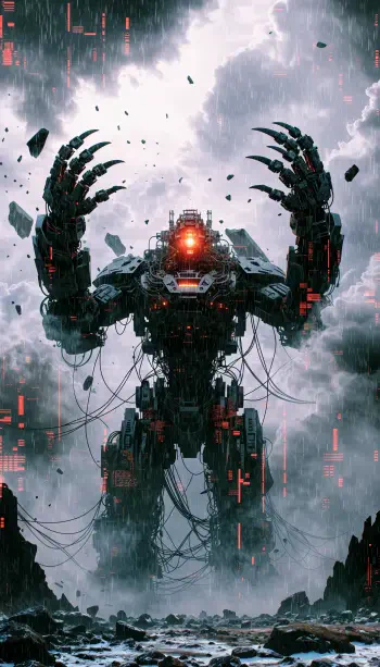 Giant futuristic science fiction mech with glowing red eyes rises through a storm, framed by digital effects in a dramatic iPhone wallpaper.