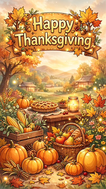 Happy Thanksgiving phone wallpaper with pumpkins, autumn leaves, harvest baskets, corn, pie, and a cozy fall landscape.