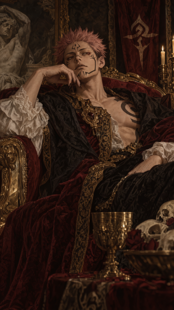 Sukuna reclines on an ornate throne in this dark Jujutsu Kaisen anime iPhone wallpaper.