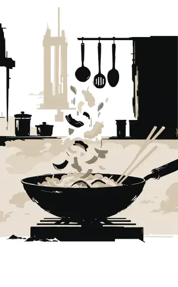 Illustrated stir-fry sizzling in a wok in a modern kitchen, designed as an iPhone wallpaper.