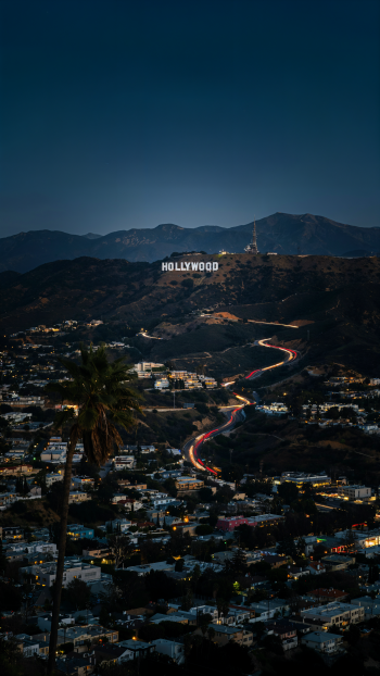 Hollywood Sign above the winding city lights of Los Angeles at dusk, a cinematic iPhone wallpaper.
