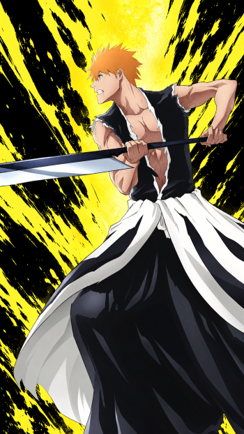 Ichigo Kurosaki wielding his sword against a vivid yellow and black backdrop in Bleach: Thousand-Year Blood War iPhone wallpaper.